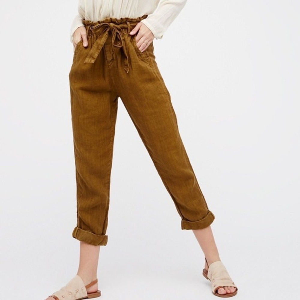 Free People Like This Linen Cuffed Ankle Crop Paper Bag Pant Size XS